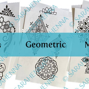 May include: Three sheets of paper with black and white henna designs. The first sheet has floral designs and the word "Flowers" printed below. The second sheet has geometric designs and the word "Geometric" printed below. The third sheet has mandala designs and the word "Mandalas" printed below.