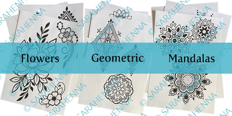 May include: Three sheets of paper with black and white henna designs. The first sheet has floral designs and the word "Flowers" printed below. The second sheet has geometric designs and the word "Geometric" printed below. The third sheet has mandala designs and the word "Mandalas" printed below.
