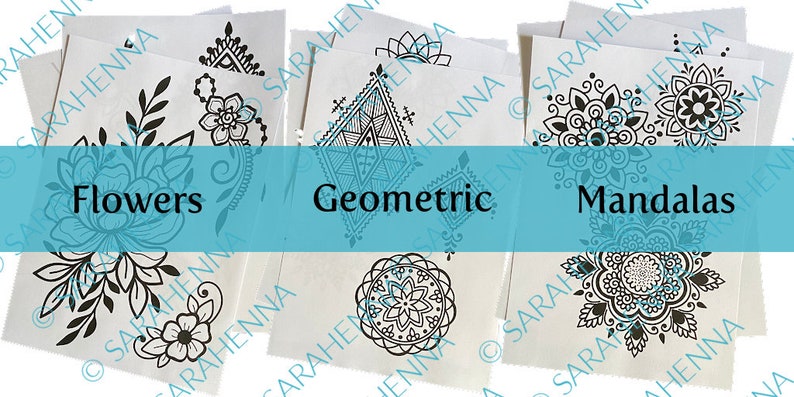 Puede incluir: Tres hojas de papel con dise&ntilde;os de henna en blanco y negro. La primera hoja tiene dise&ntilde;os florales y la palabra "Flowers" impresa debajo. La segunda hoja tiene dise&ntilde;os geom&eacute;tricos y la palabra "Geometric" impresa debajo. La tercera hoja tiene dise&ntilde;os de mandalas y la palabra "Mandalas" impresa debajo.