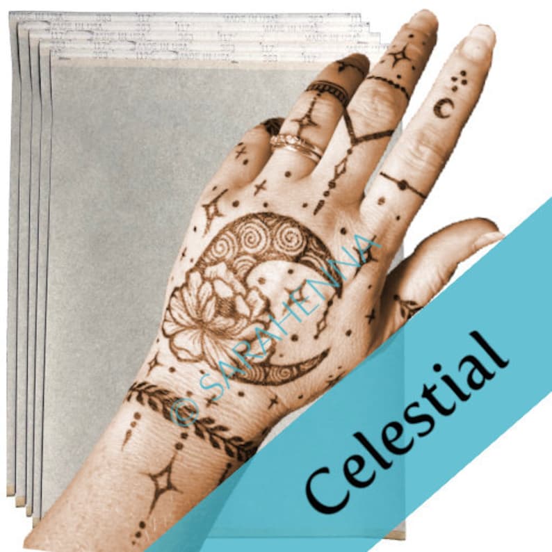 May include: A pack of 6 sheets of transfer paper for henna tattoos. The paper is white and has a textured surface. The image shows a hand with a henna tattoo of a crescent moon and a flower. The text "Celestial" is printed on a blue background.