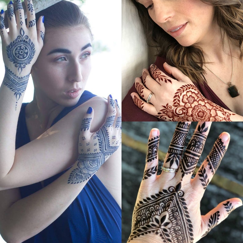 Examples comparing the stain results of henna, jagua and a jagua-henna blend.