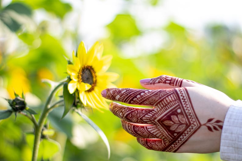May include: A hand with intricate henna designs reaches towards a bright yellow sunflower in a field of green.