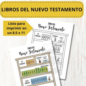 Puede incluir: Una hoja de trabajo imprimible de 8,5 x 11 pulgadas para organizar los libros del Nuevo Testamento. La hoja de trabajo está diseñada para parecerse a una estantería con diferentes categorías para los libros, incluyendo los Evangelios, los libros históricos, las epístolas paulinas, las epístolas generales y los libros proféticos.