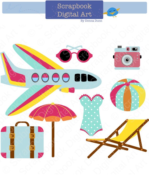Holidays Clipart, Vacation Clip Art, Traveling Clip Art, Summer Clipart, Beach Clipart. Viajes, Vacaciones, Verano, Playa, Mar, Avion.