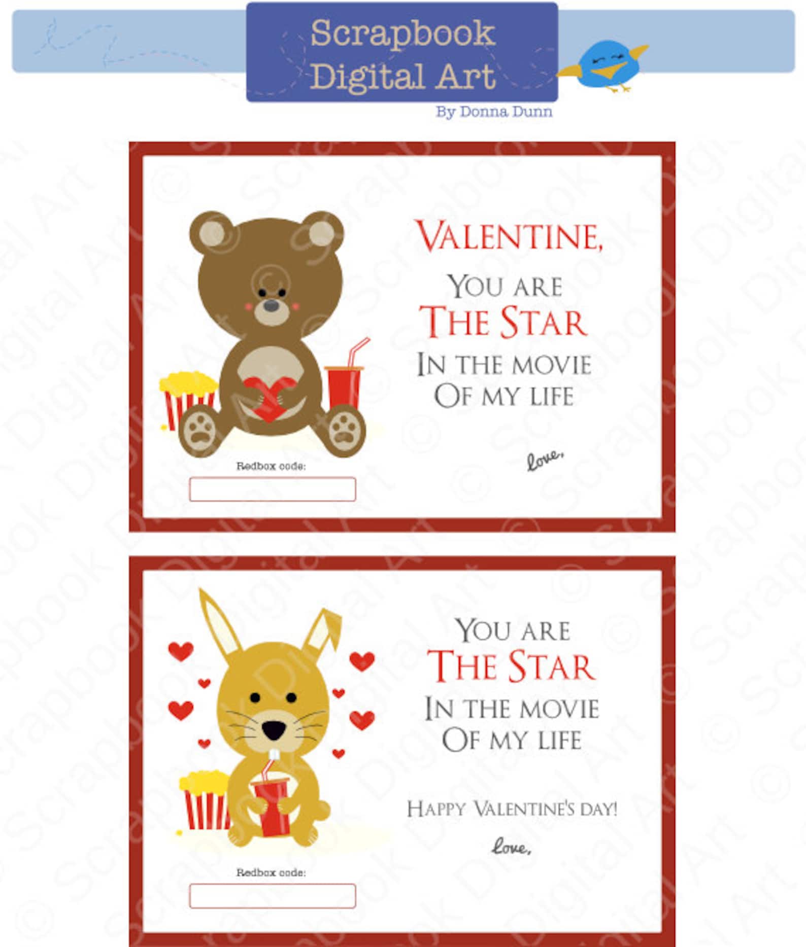 Printable Valentine Card Redbox Gift Card Tag Movie Night | Etsy
