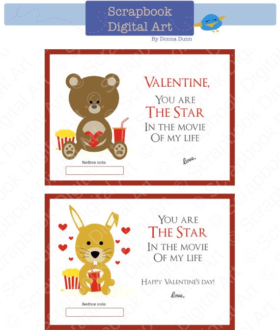 Printable Valentine Card Redbox Gift Card Tag Movie Night Etsy