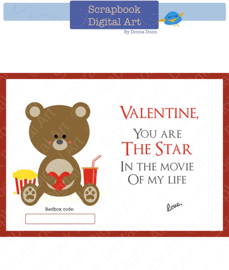 Printable Valentine Card Redbox Gift Card Tag Movie Night | Etsy