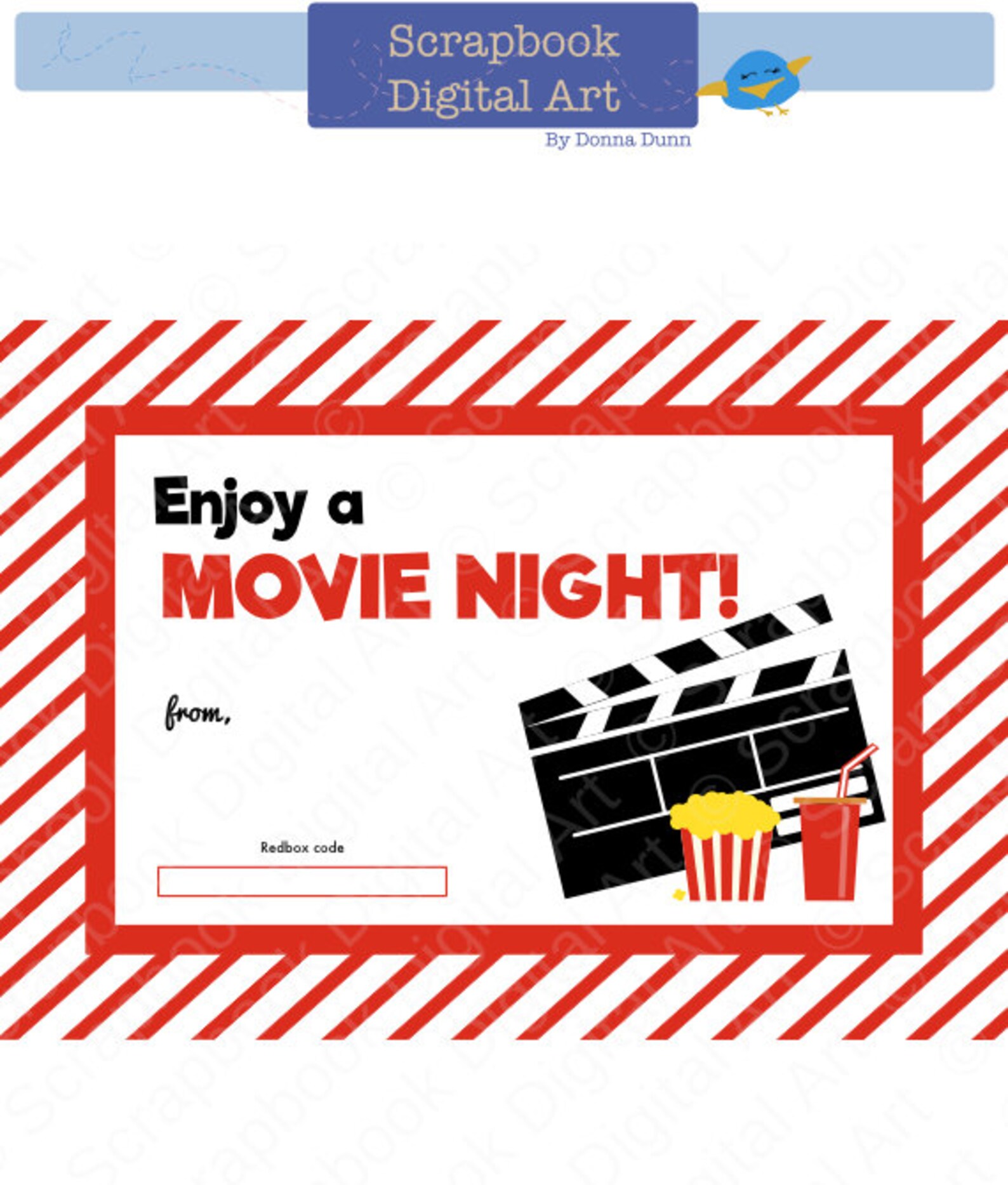 Printable Redbox Gift Card Tag, Printable Card, Movie Night Redbox