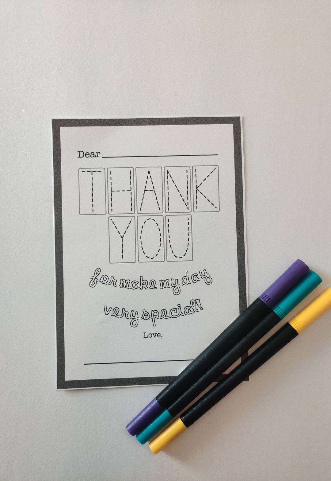 Tracing & Coloring Thank You Cards. Printable Thank You Card