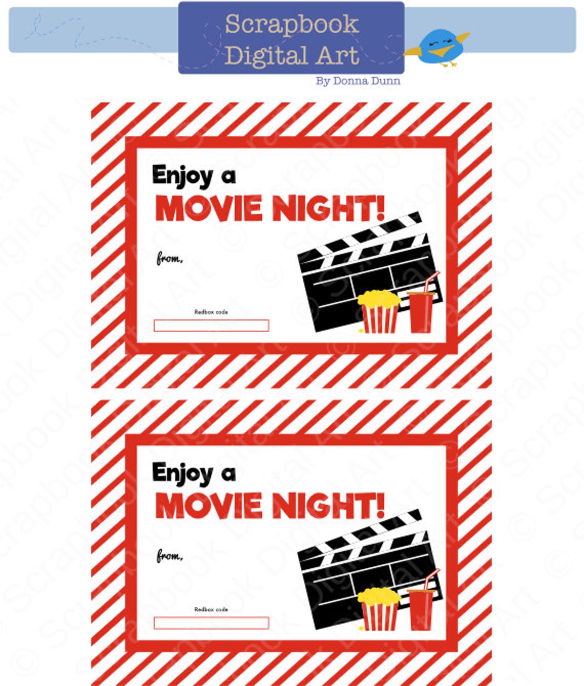 Printable Redbox Gift Card Tag, Printable Card, Movie Night Redbox