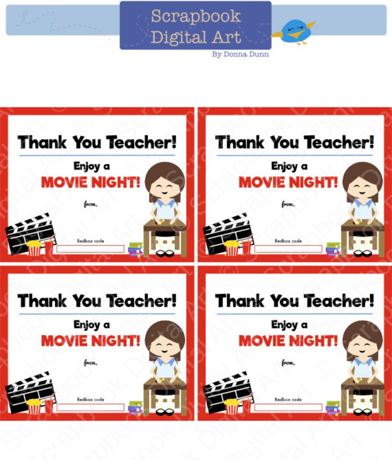 Printable 4x5 Thank You Teacher, Redbox Gift Card Tag, Printable Card ...