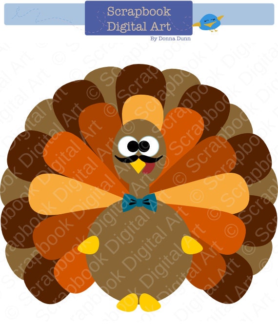 Colorful Turkey With Moustache Digital Clip Art, Thanksgiving Turkey