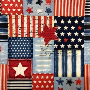 May include: A patchwork design featuring patriotic patterns. The design incorporates red, white, and blue elements, including stars, stripes, and hearts. The fabric has a vintage aesthetic with stitched details and handwritten script.