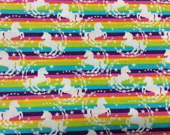 white unicorns and stars, bright stripes cotton fabric by half yard, mini unicorns, white, purple, pink yellow, blue, green