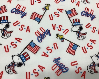 Snoopy Patriotic fabric by half yard, Snoopy Old Glory Toss cotton, Woodstock, American flags, words: Old Glory, USA, white background
