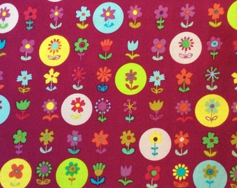 Colorful circles, floral cotton fabric by 1/2 yard, fuchsia, bright dark pink, yellow, green, Hallmark fabric