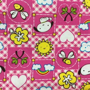 Pink nursery cotton fabric, by half yard, rare fabric, rainbows, bees & sun, puppies, stars, blocks,  circles, white yellow black red green