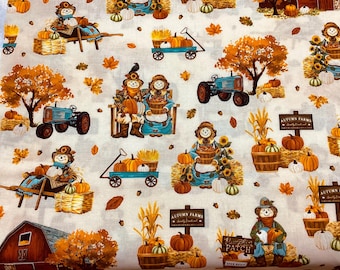 Fall, scarecrow figures  cotton fabric, by half  yard,  pumpkins, carts, apples, barns, yellow, green, blue, cream background