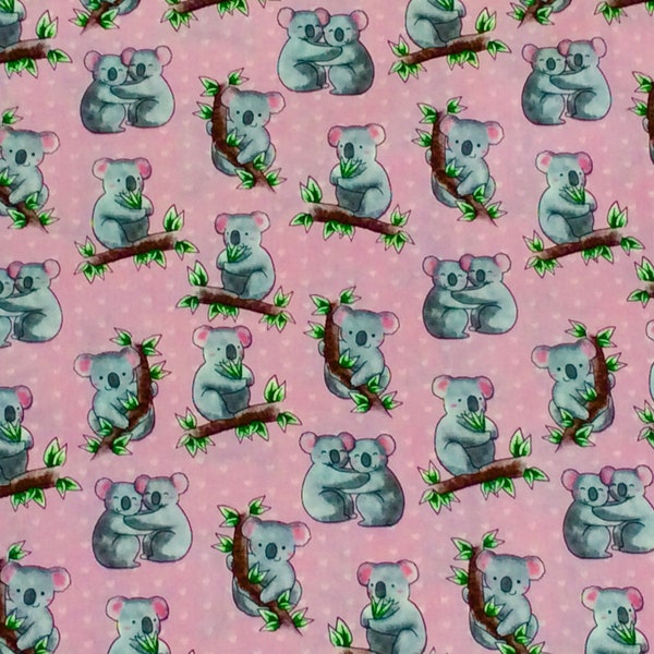 Pink Koala bears cotton fabric by half yard, bears and friends, brown, green, black, pink background displays tiny white hearts