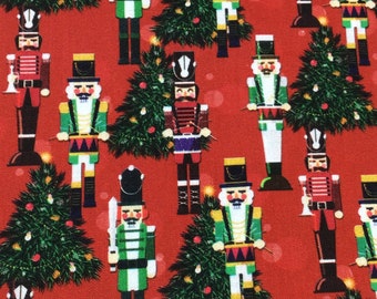 Nutcracker Christmas cotton fabric, by the half yard, trees, lights, swords, decorations, red, green, white, holidays  fabric