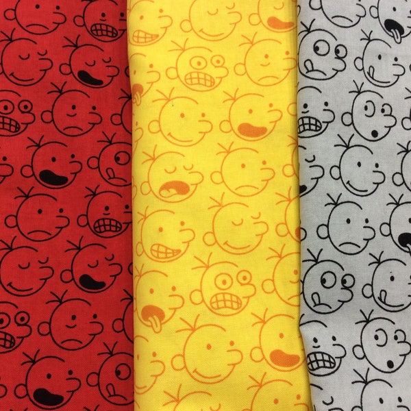 Cotton fabric, Diary of a Wimpy Kid, by a third or half yard, yellow, faces outlines,