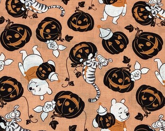 Pooh and Friends Halloween fabric, cotton by half yard, pumpkins, Pooh & friends, orange black white, light pumpkin color background