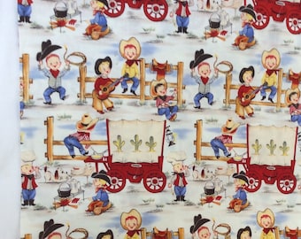 Little cowboys fabric by the half yard, Michael Miller, Lil’ Cowpokes cotton, cream background, designers cotton fabric