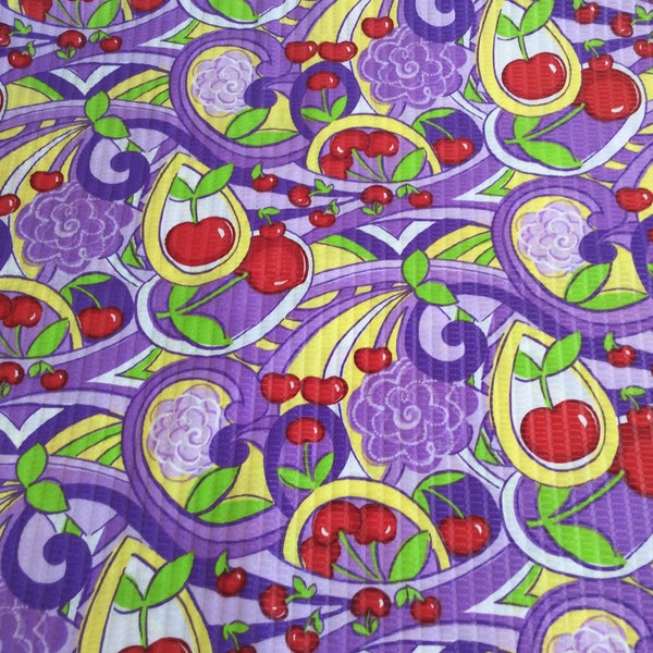 Cherries & Flowers seersucker fabric, by half yard, crinkle, poly cotton, purple, lilac, red, yellow, large and small cherries, flowers