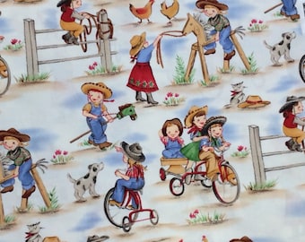 Little cowgirls fabric by the half yard, Michael Miller, Lil’ Cowpokes cotton, girls, tricycles, horses, cream background, western fabric