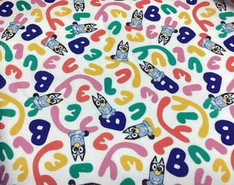 Bluey Letters cotton fabric, by half yard, rare fabric, blue, mustard, black, yellow, white background,  LUDO Studios, SpringsCreative,