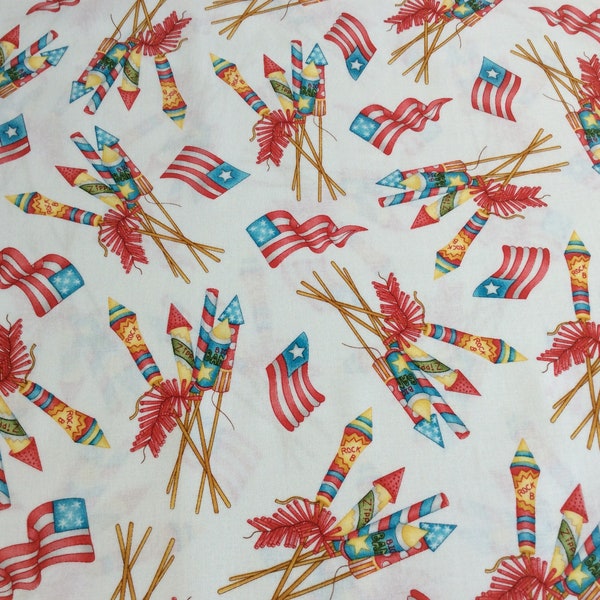 4th of July, patriotic cotton fabric, “Back Porch Celebration” by Meg Hawkey, colorful fireworks and flags, red, blue, yellow, white, green