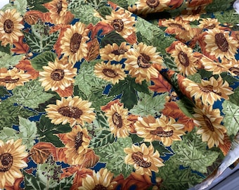 Fall cotton fabric by half yard, green orange & yellow, gold  (Metallic) outlines, vibrant colors, teal background, out of print Fabric