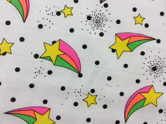 Neon stars lightweight cotton by the half yard, white fabric displays a rain of neon stars in yellow, green, bright pink & black polka dots