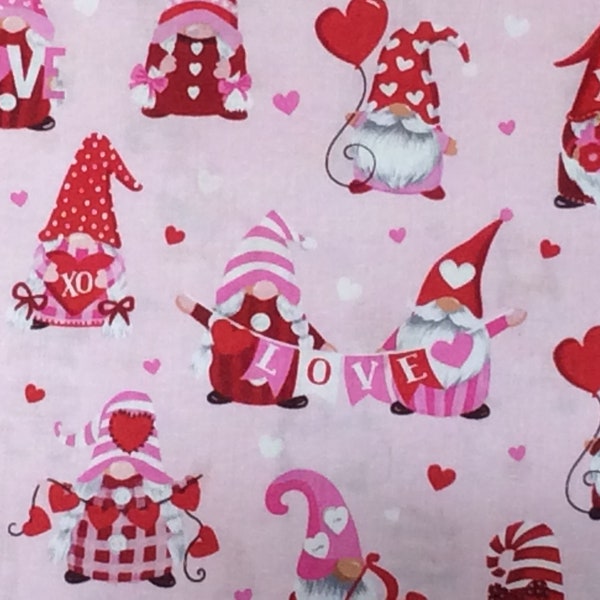 Pink valentine gnomes cotton fabric by third (1/3) or half (1/2) yard, Cupid, hearts, banners, pink, red and white 100% cotton fabric