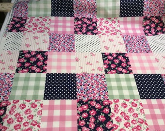 Quilting cotton, by half yard, floral, dots, lines and plaid panels, pink red green navy blue , white background