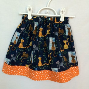 Girls cotton skirt, kitties and birds, navy, orange, aqua, yellow, white, polka dots, designer fabric, animal  print, 3T 4T 5T 6T