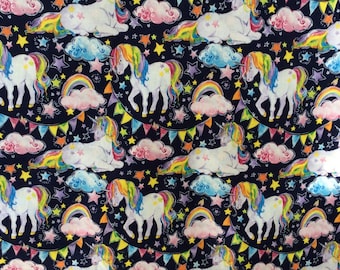 Majestic unicorns cotton fabric, black by half yard, black background, rainbows stars clouds, pennant flags, white pink