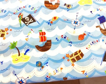 Pirates OOP cotton fabric, 1/2 yr or 3/4 yrd, Timeless Treasures (2008) pirates, sea animals, parrots, ships, islands, light blue background