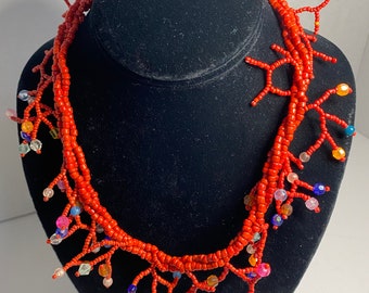 Red African Seed and Glass Bead Necklace