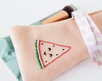 Small watermelon brush roll - Pink brush roll - Small Brush roll - Makeup brush roll - Brush organizer - Cosmetic brush organizer - Brushes