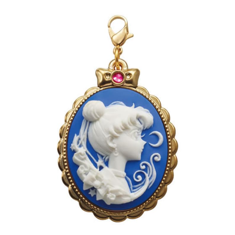 May include: A gold-tone charm featuring a blue cameo with a white silhouette of Sailor Moon. The cameo is surrounded by a gold-tone frame with a pink rhinestone at the top.