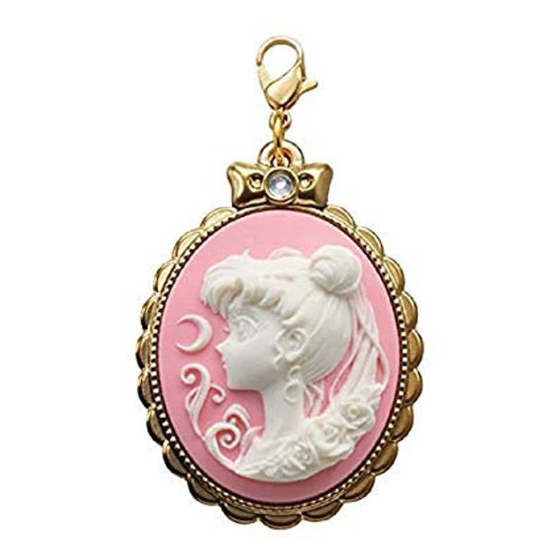 May include: A gold-tone charm featuring a cameo of Sailor Moon in a pink oval frame. The cameo is white and the frame has a pink background.