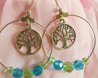 Beautiful Tree of Life Hoop Earrings with Crystals in Silver Finish