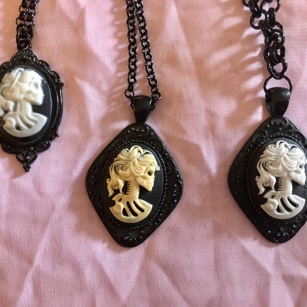 Beautiful Gothic Lady Skull Cameo Pendant Necklaces on Black Chain - Three Style of Pendant and Two Choice in Black Chain