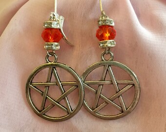 Beautiful Pentagram Earrings in Silver with Crystals