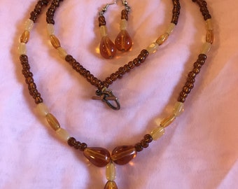 Glass and Seed Bead Necklace and Earring Set - Beautiful Honey, Cream and Brown beads