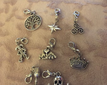 Silver Finish Charms, Purse or Zipper Pulls - Jester, Tree of Life, North Star, Goblet, Love my Dog, Crown, Celtic Spiral