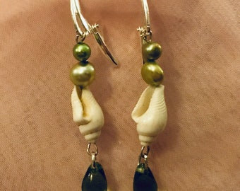 Beautiful Green Fresh Water Pearls and White Shell Earrings