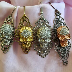 Pave Skulls on Filigree Earrings - Beautiful Gothic Pieces, Perfect for Halloween!