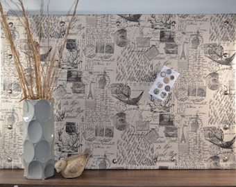 Trendy, Stylish, Charcoal, Ecru, Postcard Fabric Cork Board with Tacks, Decorative Cork Bulletin Board